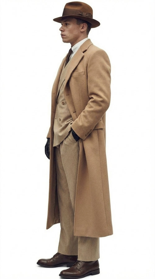 Men’s Cashmere & Wool Camel Beige Long Overcoat – Peaky Blinders Style Vintage Formal Coat + Suit + Hat Package