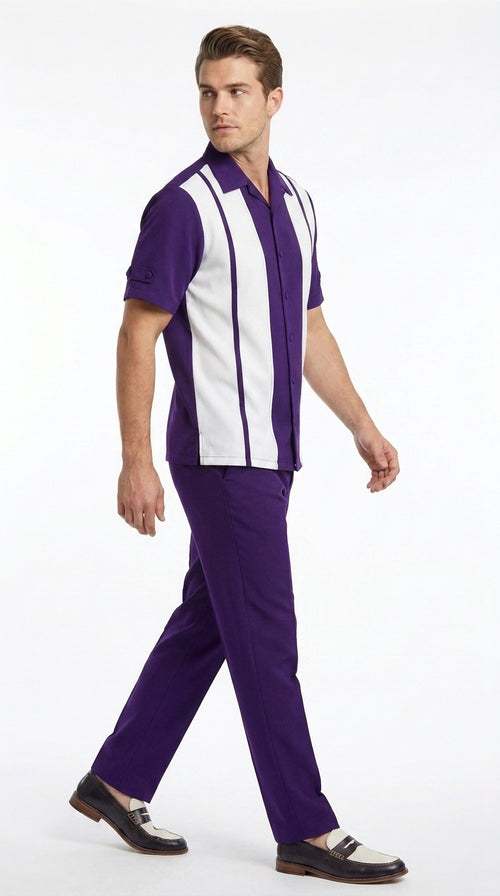 Men’s Purple and White Walking Suit – 2-Piece Short Sleeve Casual Leisure Outfit