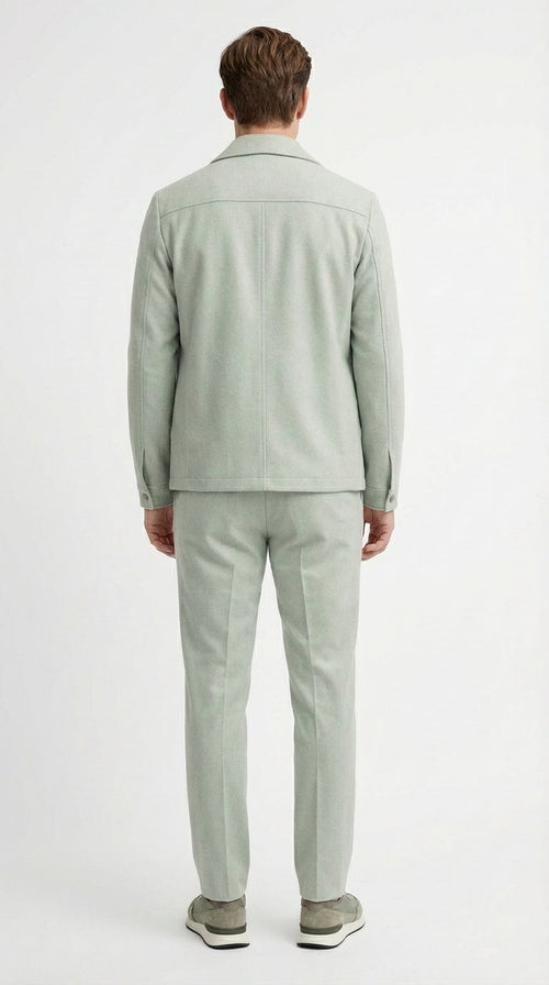 Mens Sage Green Walking Suit Set – Casual Safari Military Jacket and Pants Outfit for Travel