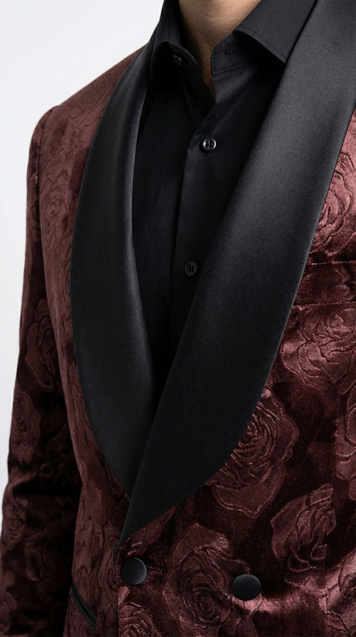 Mens Rust Copper Brick color Floral Jacquard Pasiley Blazer β Pattern Dinner Jacket with Black Shawl Lapel for Formal dinners and Wedding