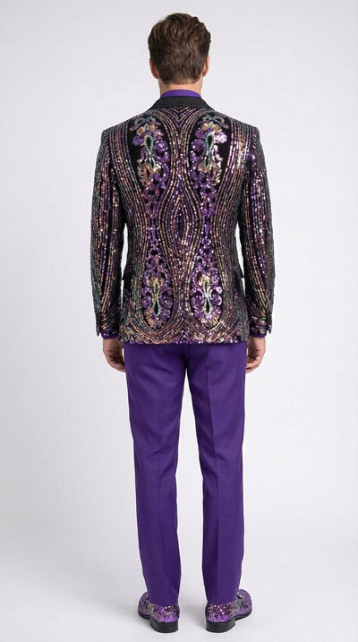 Mens Mardi Gra Black and Purple and Gold Sequin Tuxedo Jacket Set – Designer with Floral Pattern Jacket Formal Wedding Party Wear Bowtie