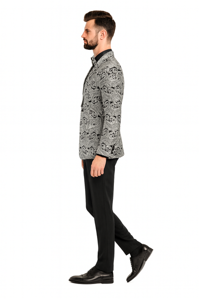 Men’s Black and Silver Paisley Tuxedo Jacket – Slim Fit Dinner Blazer with Matching Bow Tie with Black Pants