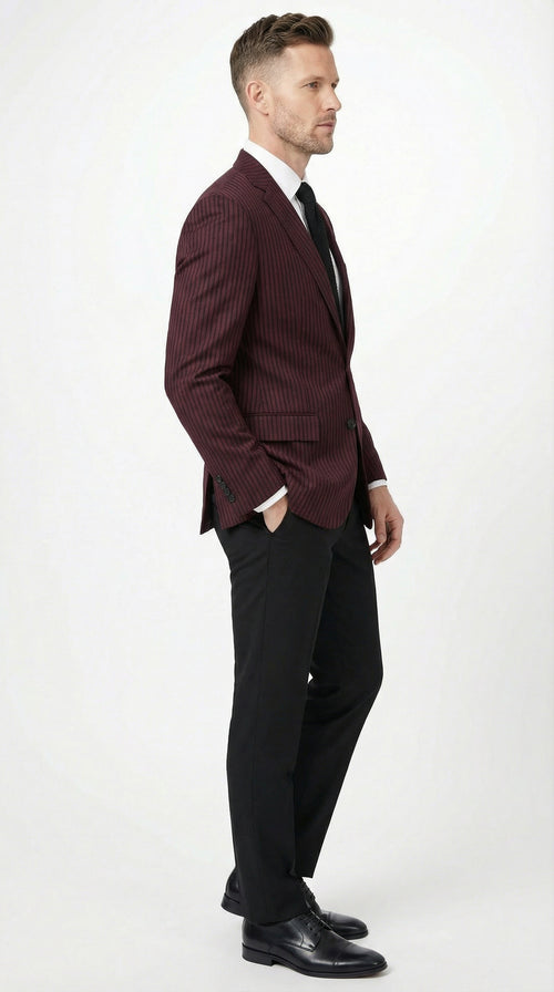 Men’s Burgundy Pinstripe Blazer – Classic Tailored Formal Jacket for Business, Office and Evening Wear
