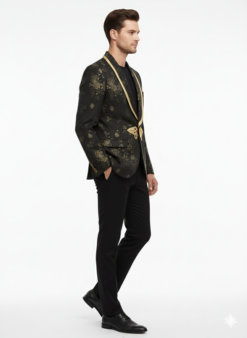Men’s Black and Gold Embroidered Luxury Blazer - Designer Floral Pattern Wedding & Party Jacket (Sim534) by USA Men's Outlet