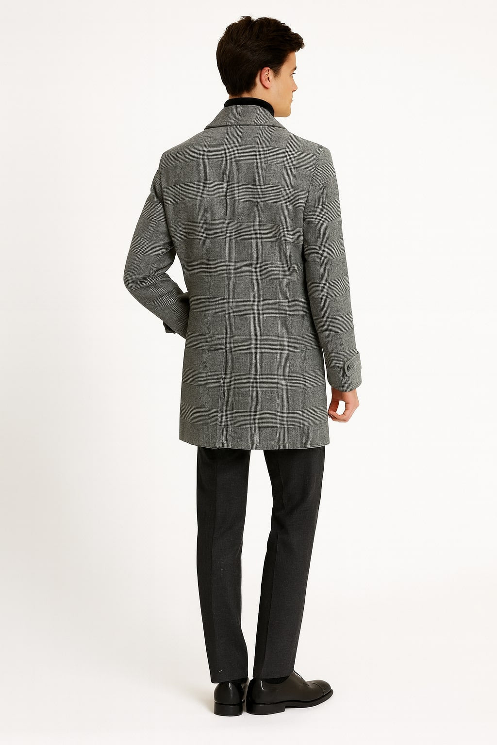 Mens Grey Plaid Double-Breasted Overcoat with Black Faux Fur Collar – Classic Winter Peacoat