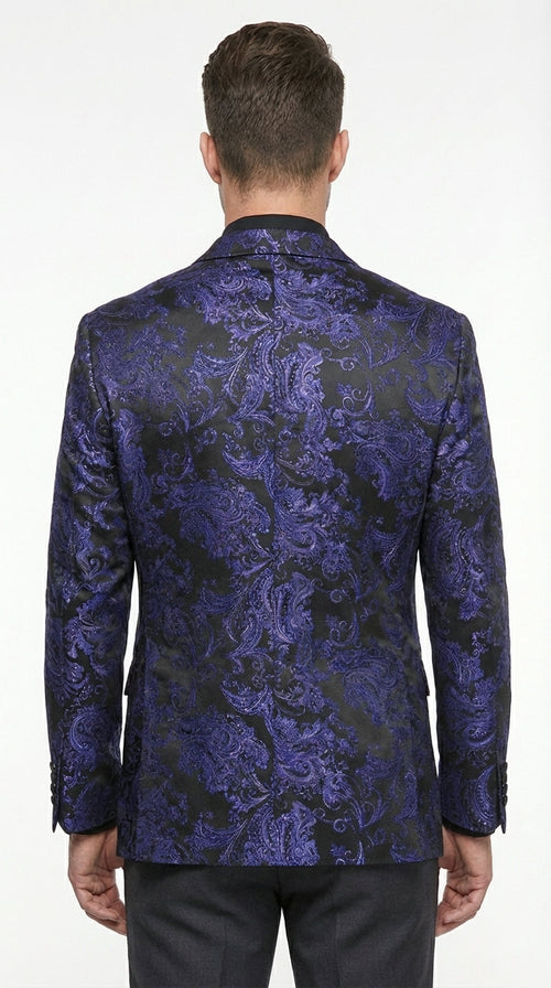 Mens Royal Blue Paisley Jacquard Blazer β Luxury Pattern Tuxedo Dinner Jacket with Black Satin Lapel for Wedding, Prom With Bowtie