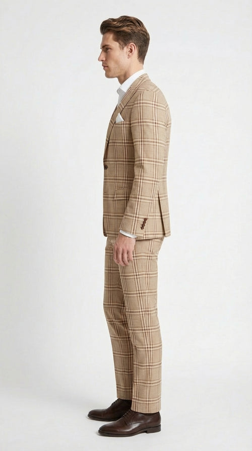 Beige Tan Plaid windowpane Two Piece Suit for Men | Classic Checkered Formal Suit with Jacket and Pants by Rossiman