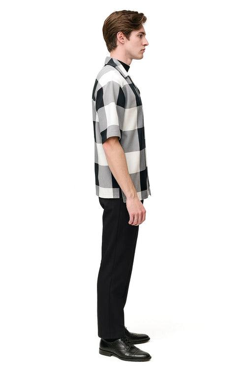 Mens Black and White Checkered Short Sleeve Shirt Set - Casual Two-Piece Summer Outfit by USA Men's Outlet