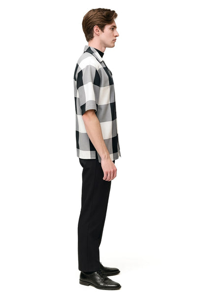 Mens Black and White Checkered Short Sleeve Shirt Set - Casual Two-Piece Summer Outfit by USA Men's Outlet