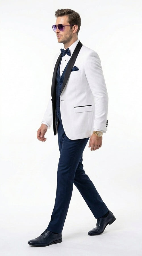 Men’s White and Navy Blue Tuxedo Wedding Suit with Blazer, Vest, Pants and Bow Tie, Formal Groom Suit