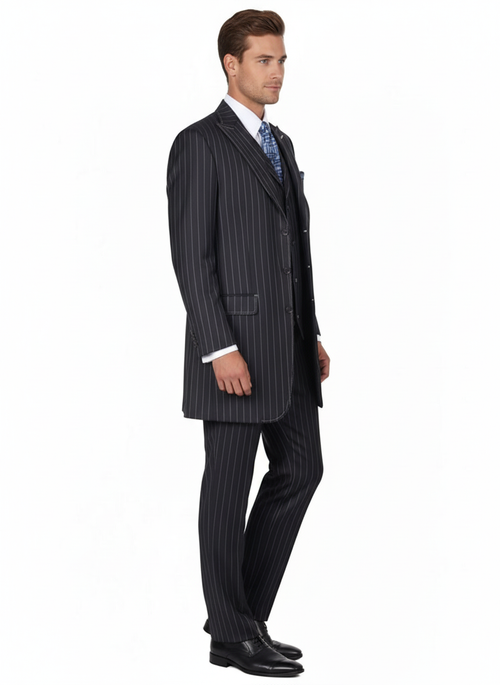 Men's Three Button Suits - Navy Blue Pinstripe Three-Piece Suit ā Classic Business and Formal Wear with Tailored Fit