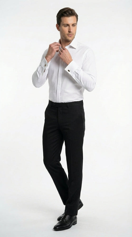 Mens White Herringbone Shadow and Tone on Tone Dress Shirt β Classic Formal Wedding