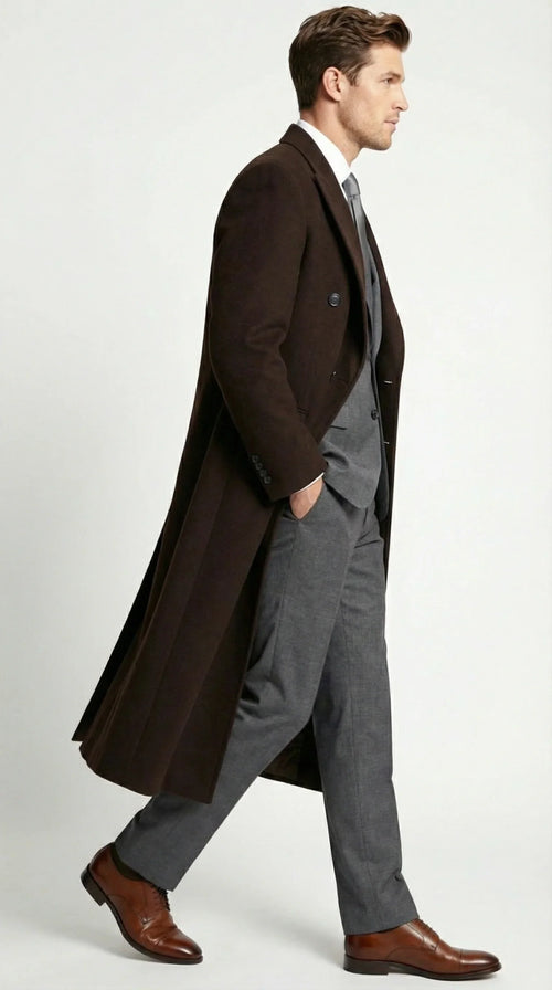 Menās Brown Long Overcoat ā Double Breasted Classic Formal Winter Coat for Business, Topcoat and Cold Weather Wear