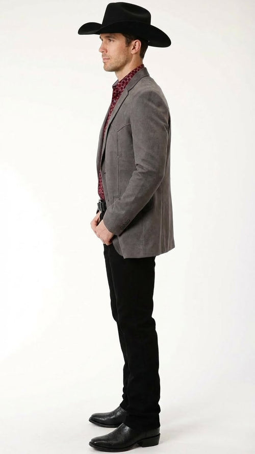 Saco Vaquero Men’s Charcoal Gray Western Faux Suede Blazer – Double Button Cowboy Jacket for Wedding & Party Wear