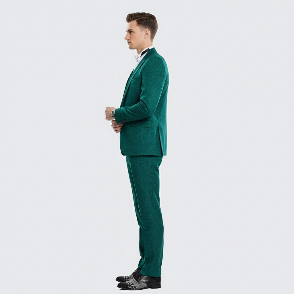 Men’s Emerald Green Textured 3-Piece Suit – Polk Dot Pattern Formal Wedding, Prom, and Evening Wear Outfit