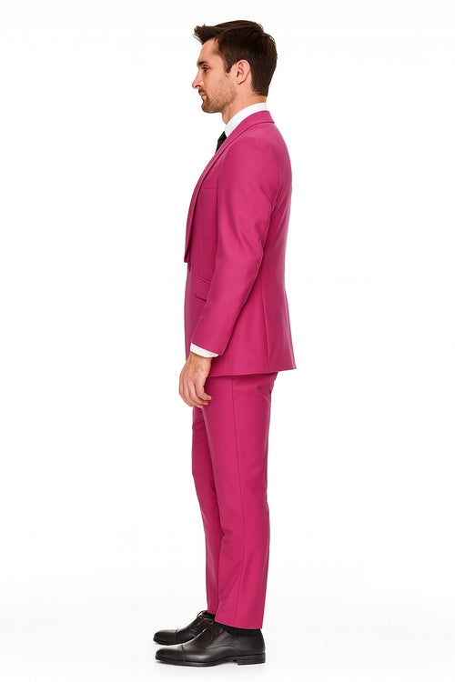 Mens Hot Pink Tuxedo Dinner Jacket + Pants with Shawl Lapel – Slim Fit 2-Piece Suit for Weddings, Proms Suit in Fuchsia Colors