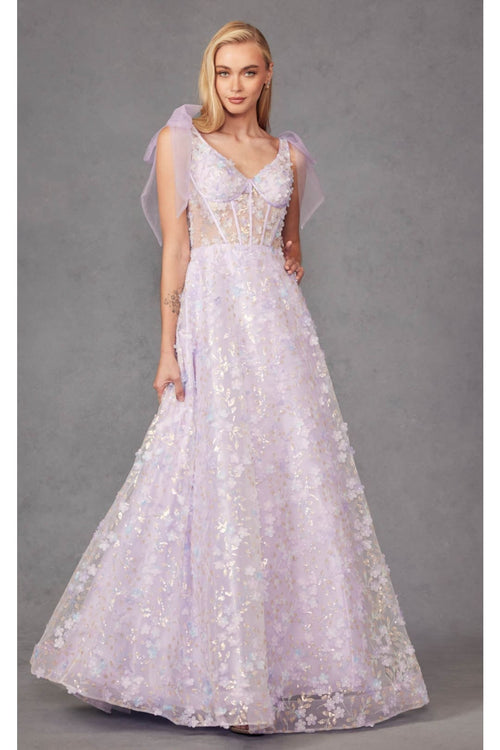 3D Floral Glitter Sleeveless A-line Gown by Juliet JT2439K