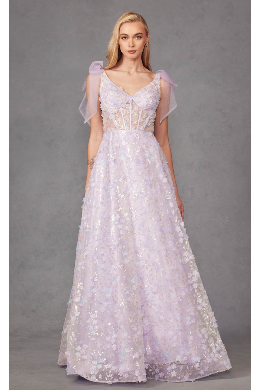 3D Floral Glitter Sleeveless A-line Gown by Juliet JT2439K