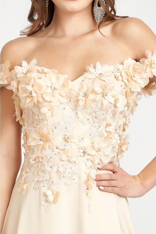 Off Shoulder Floral Chiffon Gown by Elizabeth K GL3018