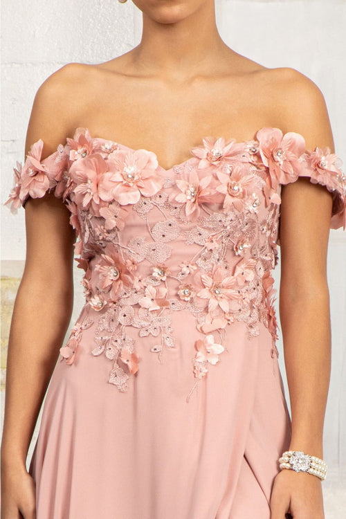 Off Shoulder Floral Chiffon Gown by Elizabeth K GL3018