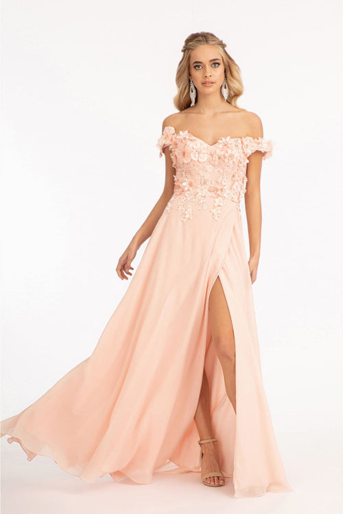 Off Shoulder Floral Chiffon Gown by Elizabeth K GL3018