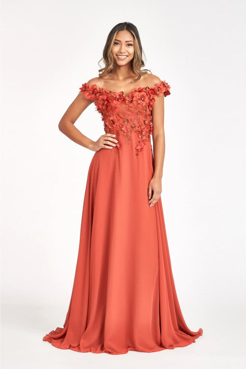 Off Shoulder Floral Chiffon Gown by Elizabeth K GL3018