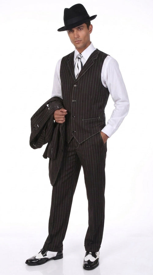 Men’s Black Pinstripe Zoot Suit – 3-Piece 1920s Gangster Vested Formal Suit