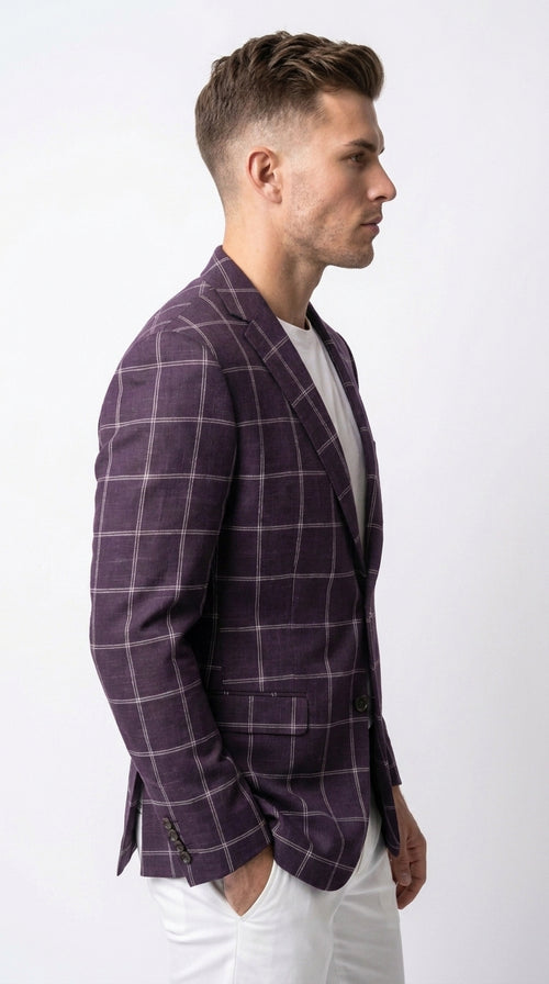 Men's Purple Windowpane Sport Coat β Classic Fit Plaid Blazer Jacket for Business, Wedding & Casual Wear
