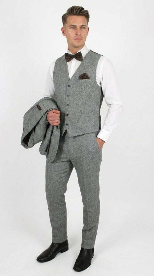 Men’s Edwardian Grey 3-Piece Suit – Dickens Downton Abbey Victorian Vintage Tweed Suit