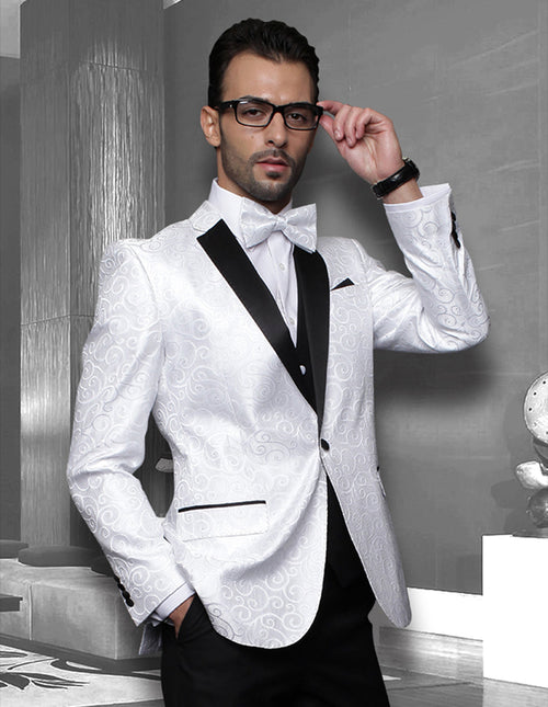 Mens Vested Swirl Patter Notch Lapel Tuxedo in White by Statement