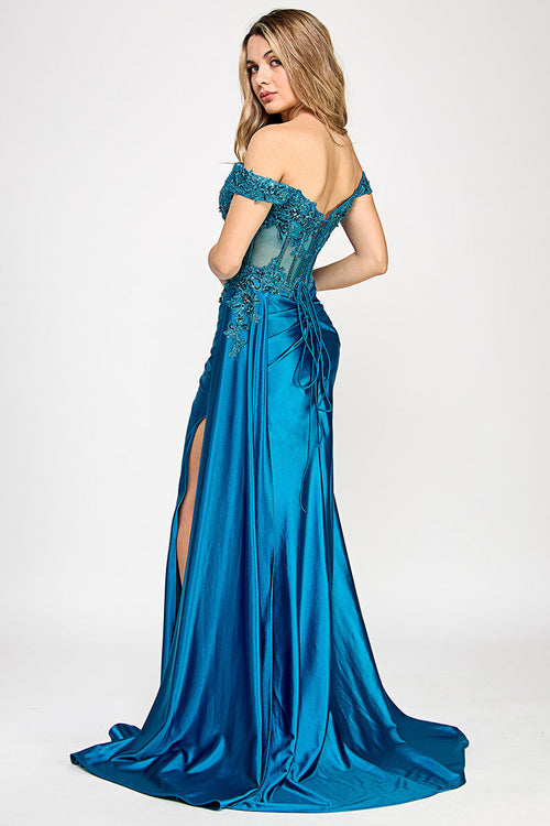 Off Shoulder Satin Evening Gown with Lace Corset Bodice High Slit & Lace-Up Back by Lenovia 8360
