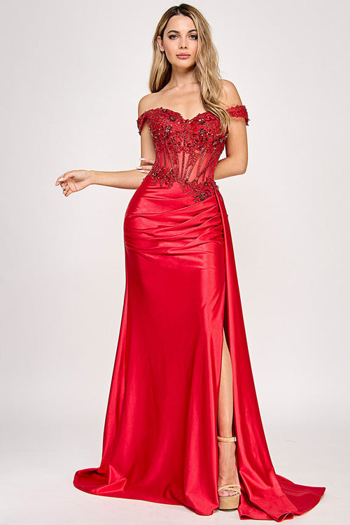 Off Shoulder Satin Evening Gown with Lace Corset Bodice High Slit & Lace-Up Back by Lenovia 8360
