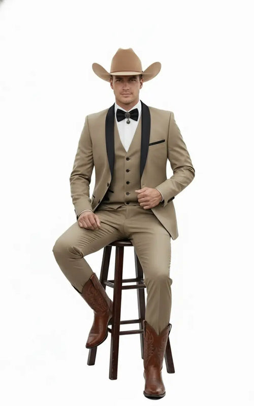 Men’s Western Cowboy Suit – 3-Piece Tan Tuxedo with Black Lapel, Vest, and Pants Beige Color