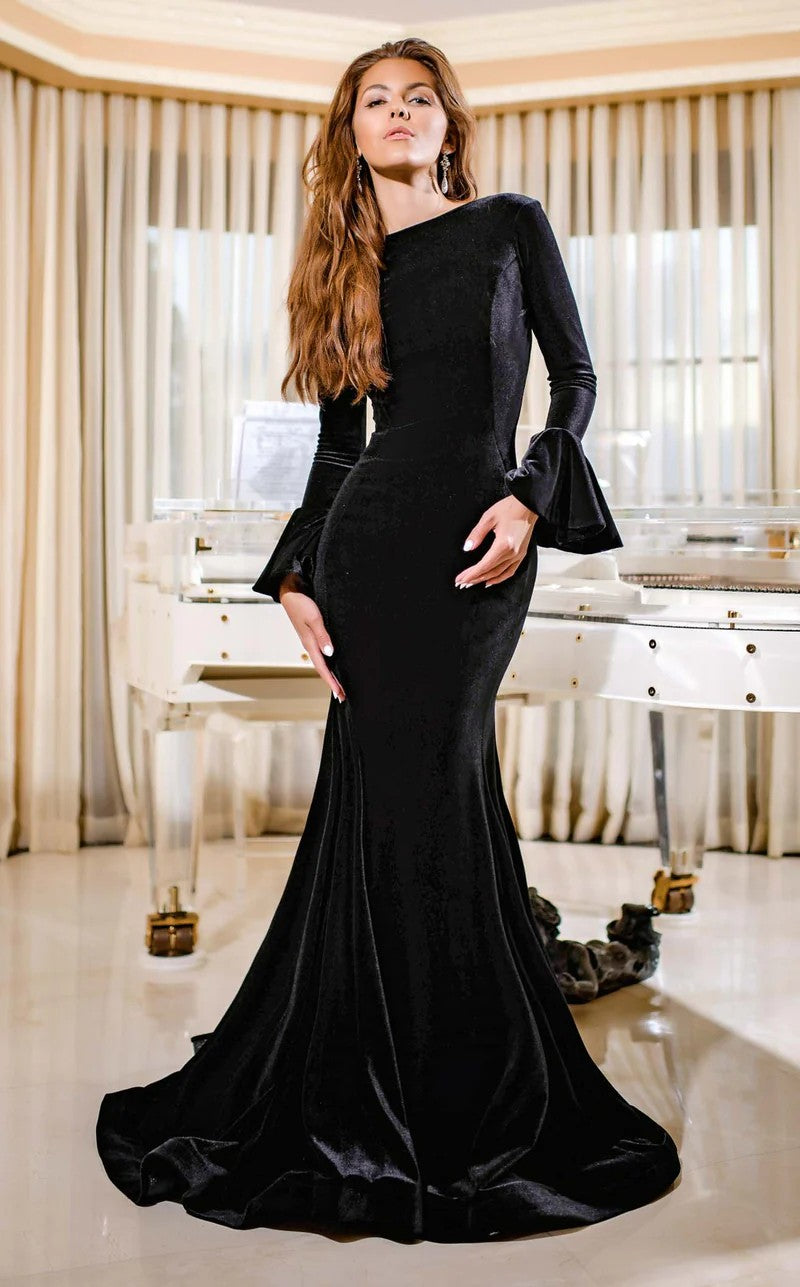 Jessica Angel JA425 Long Sleeve Fitted Open Back Train Evening Velvet Dress