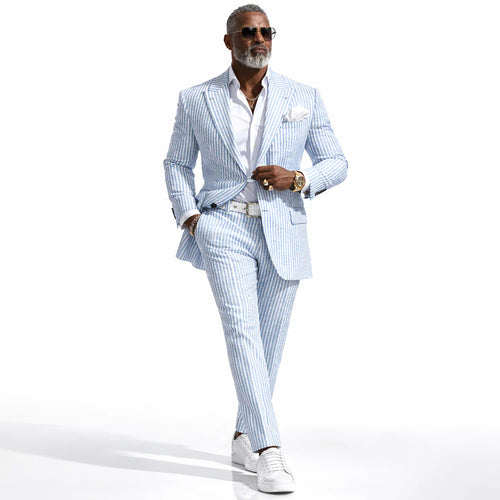 Inserch Mens Premium Cotton Seersucker Stripe Suit ā Light Blue