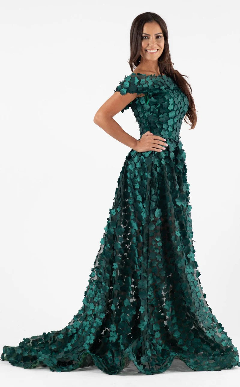 Jessica Angel JA453 Off-Shoulder A-Line Train Prom 3D Floral Mesh Dress