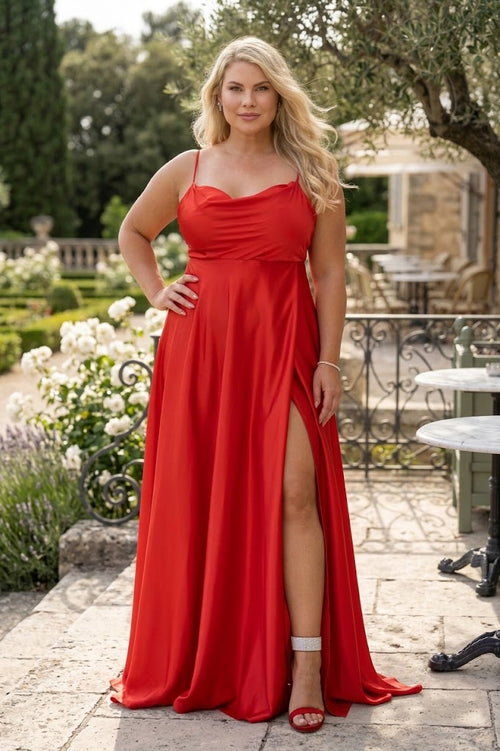 May Queen MQ1901 Scoop Neck High Slit Long Satin Bridesmaid Dress