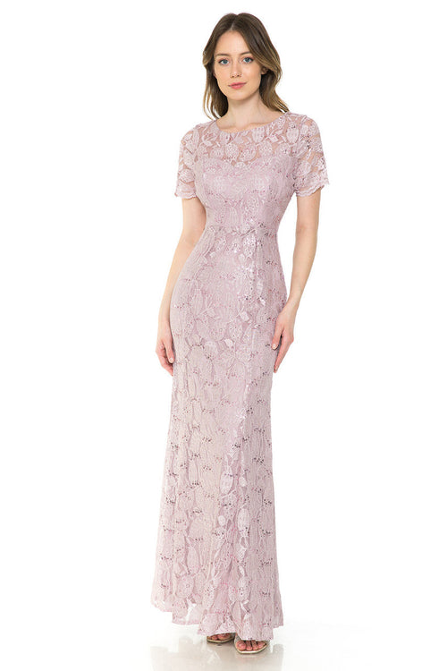 Lenovia 5241 Sequin Lace Illusion Short Sleeve Dress with Fitted Silhouette