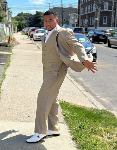 Men's Textured Sharkskin Business Suit in Stone Tan by Tazio Suits