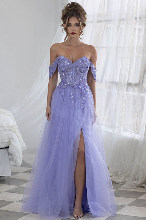 Lenovia 8399 Embroidered Mesh Strapless Off-Shoulder A-line Dress