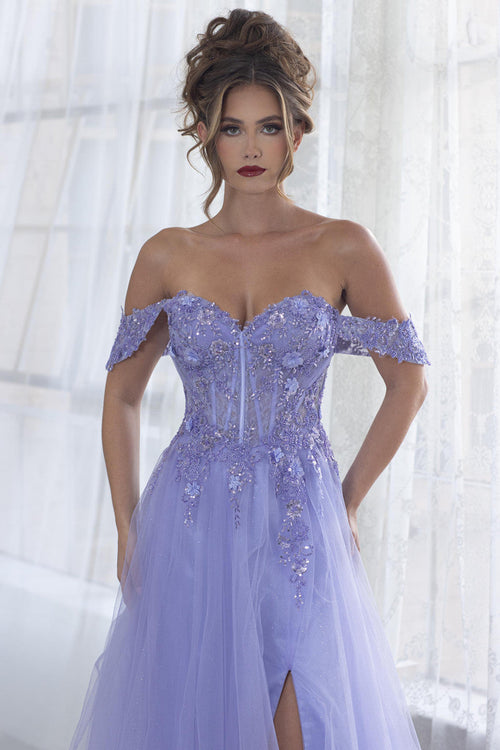 Lenovia 8399 Embroidered Mesh Strapless Off-Shoulder A-line Dress