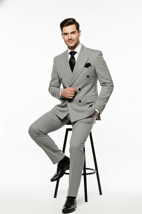 Men’s Grey and Black Pinstripe Double-Breasted Suit - 1920s Gangster Vintage Looking suit By Rossiman USA Men's Outlet