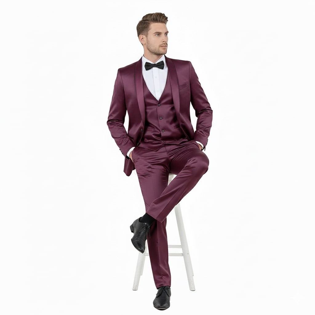 Mens Sateen Shiny Burgundy Slim Fit Tuxedo – Satin Shawl Lapel 3-Piece Suit