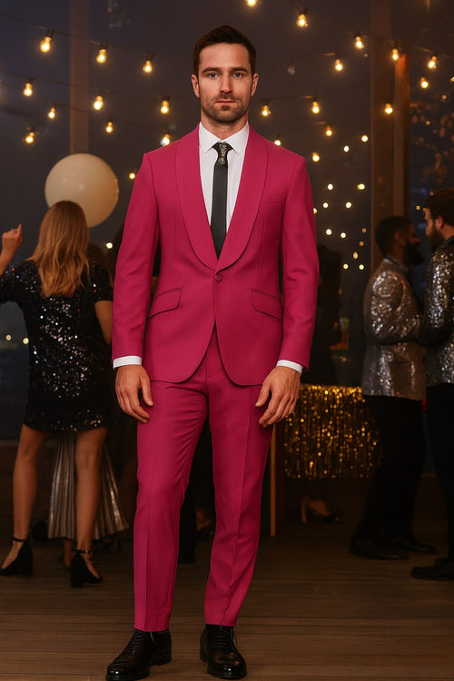Mens Hot Pink Tuxedo Dinner Jacket + Pants with Shawl Lapel - Slim Fit 2-Piece Suit for Weddings, Proms Suit in Fuchsia Colors by USA Men's Outlet
