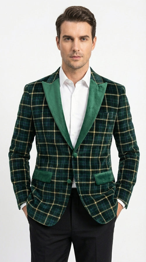 Mens Tartan Green and Gold Check Blazer β Windowpane Plaid Sport Coat Velvet Lapel Plaid Christmas Holiday New Year Jacket