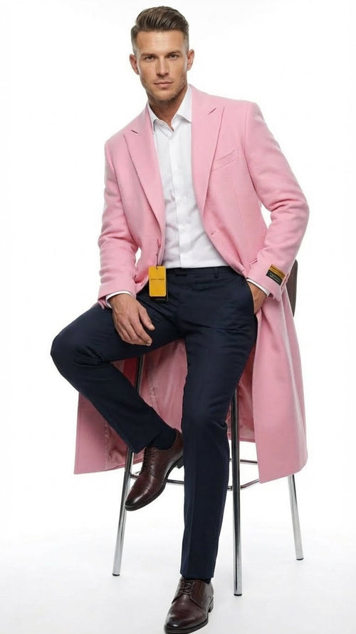Men’s Pink Wool Blend Long Overcoat – Slim Fit Tailored Winter Coat - Carcoat - Topcoat