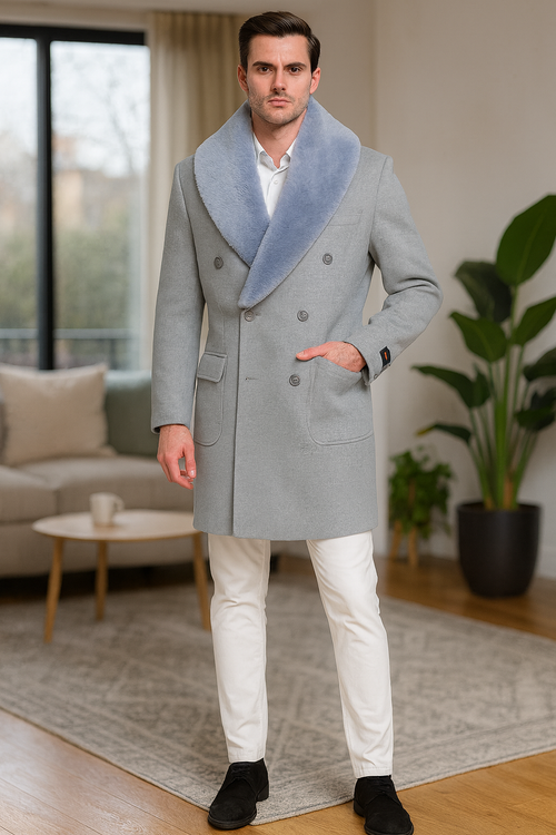 Men’s Light Grey Double Breasted Overcoat with Faux Fur Shawl Collar – Winter Luxury Coat Wool Fabric
