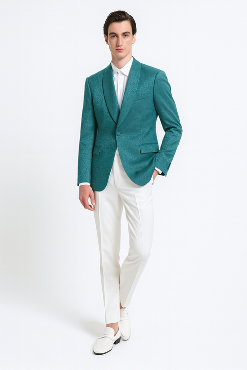 Men’s Teal Green Floral Jacquard Blazer – Slim Fit Tuxedo Jacket for Weddings, Proms, and Parties