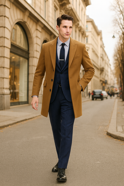 Men’s Camel Brown Wool Overcoat - Classic Long Dress Coat for Business and Casual Wear in Vecuna Color by USA Men's Outlet