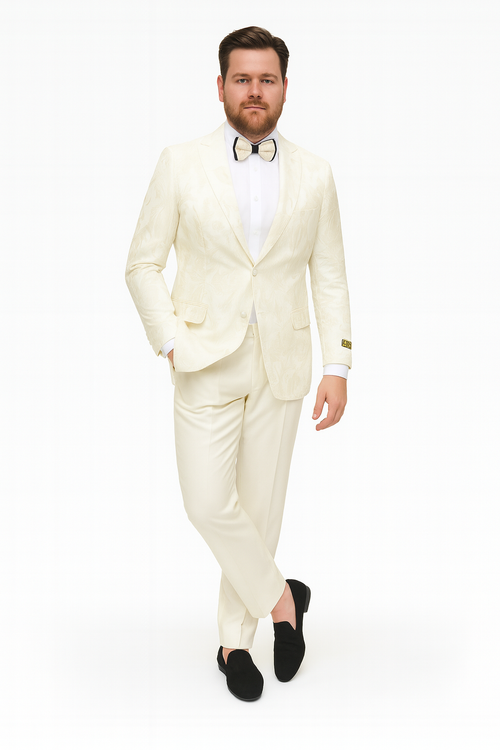 Men’s Ivory Floral Embroidered Tuxedo Jacket - Elegant Wedding and Party Blazer in Cream Color With Ivory Pants USA Men's Outlet